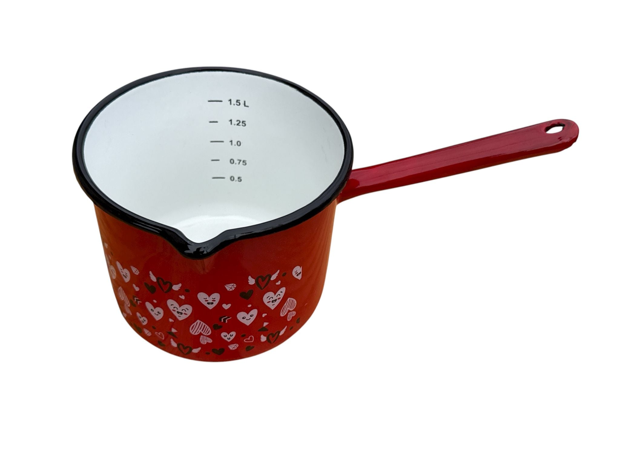 Ibric emailat cu cioc, 1.5 L, gradat pe interior – model „Hearts”, roșu Ibric emailat cu cioc, 1.5 L, gradat pe interior – model „Hearts”, roșu